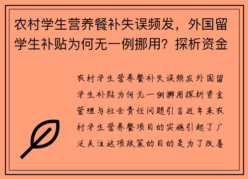 农村学生营养餐补失误频发，外国留学生补贴为何无一例挪用？探析资金管理与社会责任问题