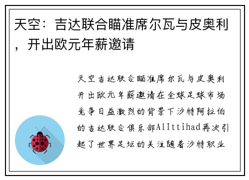 天空：吉达联合瞄准席尔瓦与皮奥利，开出欧元年薪邀请