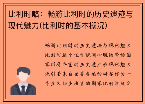 比利时略：畅游比利时的历史遗迹与现代魅力(比利时的基本概况)